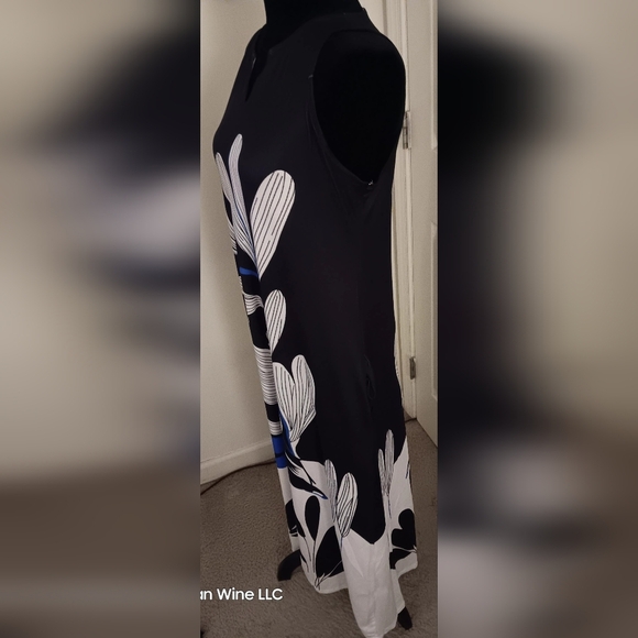 Floral sleeveless black, white, and blue full-length Pocket Dress Women's Size S - Picture 2 of 5
